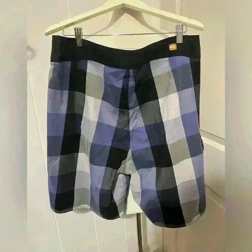 Vintage $80 Quiksilver Mens Surf‎ Swim Board Shorts Trunks Purple Plaid XL 38